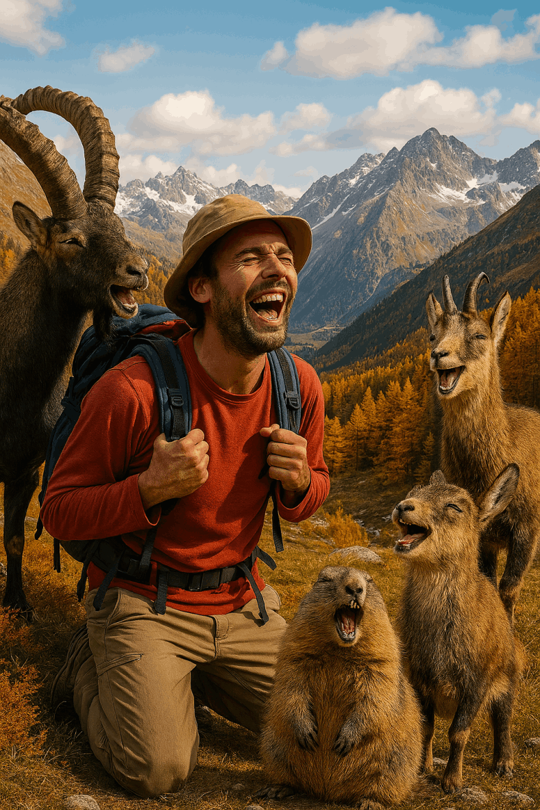 image générée par l'IA Fou rire partagé  randonnée dans le massif de la Chartreuse page humoristique